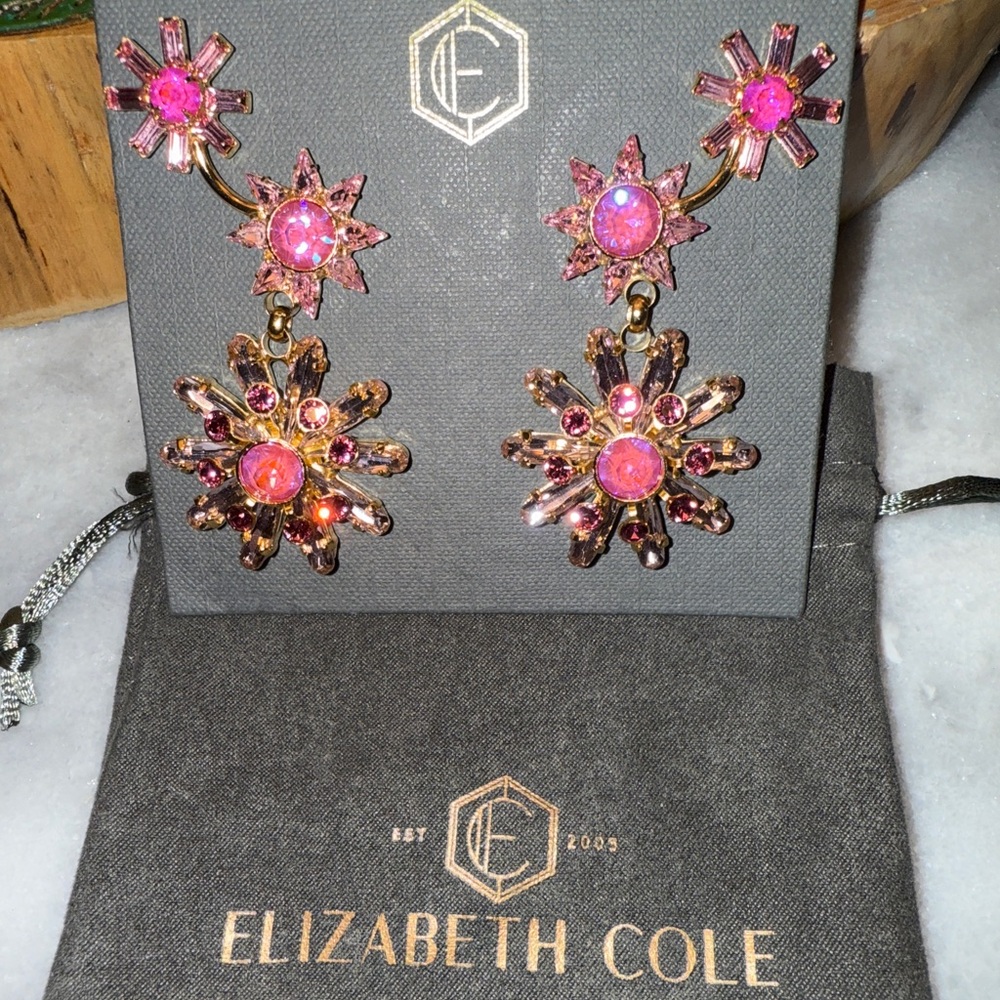 Elizabeth Cole NWT Gold Plated Starburst Pink Rhinestone Earrings!